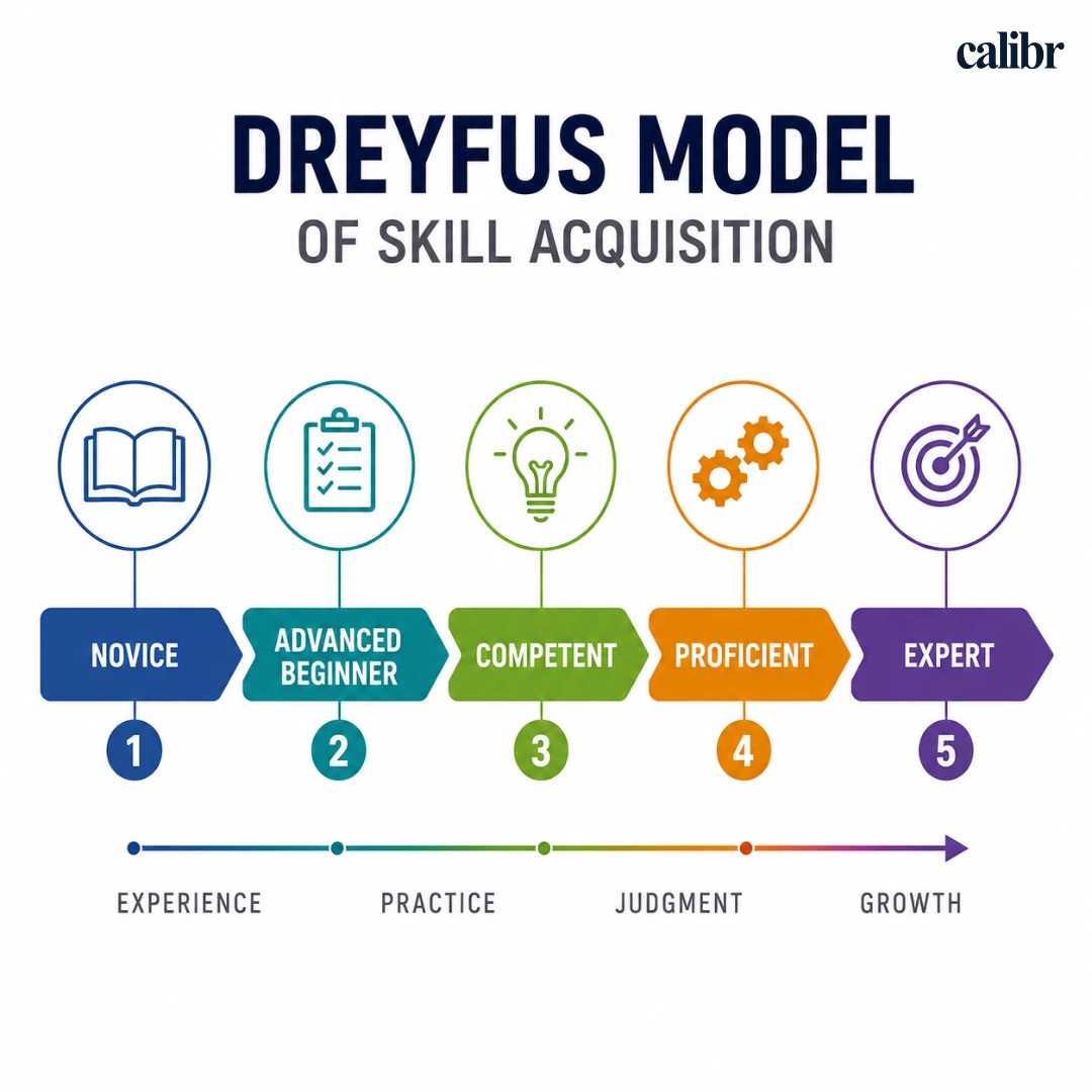 Illustration of the Dreyfus Model of Skill Acquisition showing a visual progression from novice to expert through five ascending stages, representing the journey of skill development, experience, and expertise.