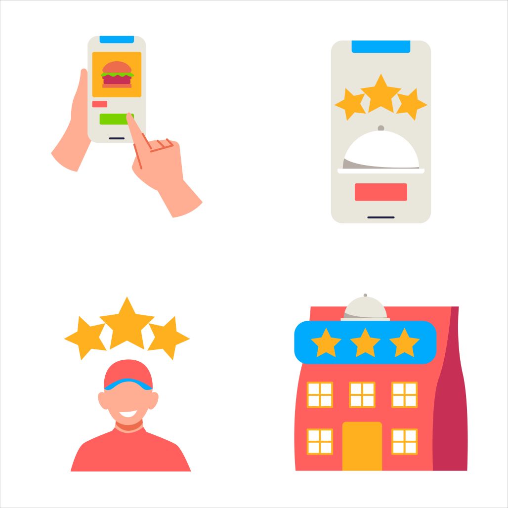 Four illustrations depicting the customer feedback process in the food and hospitality sector, essential for customer loyalty