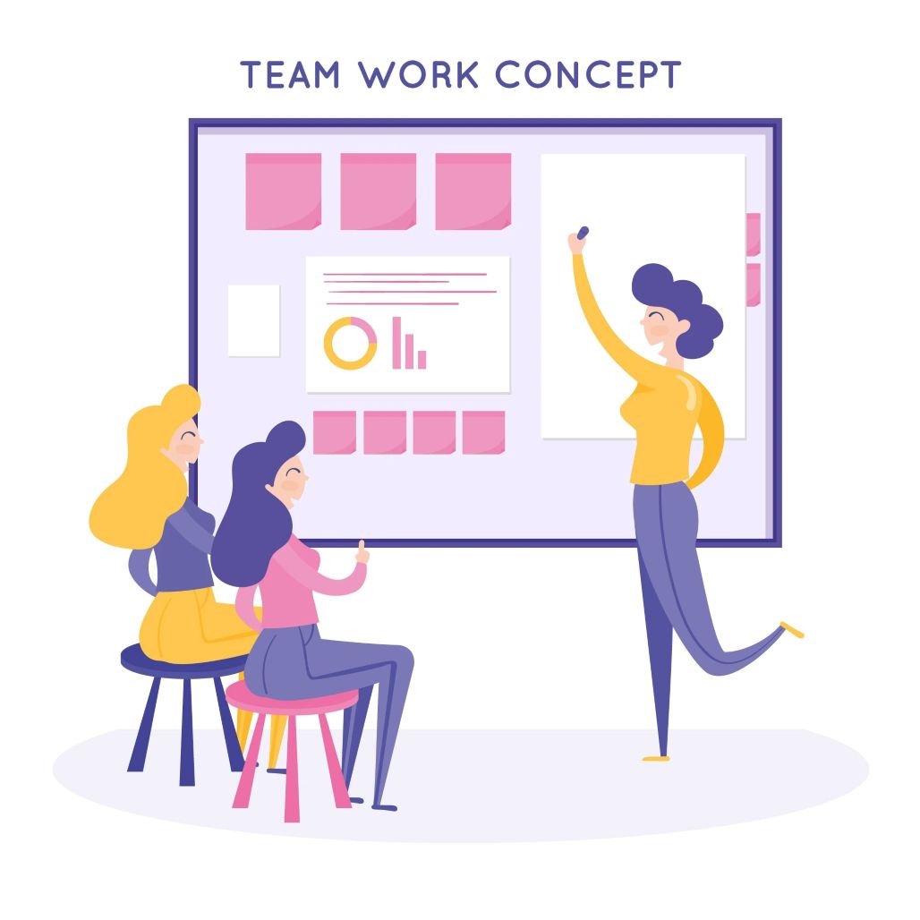 An illustration showing a trainer explaining the concept of teamwork on a whiteboard to a group of two people, demonstrating a soft skills training session.