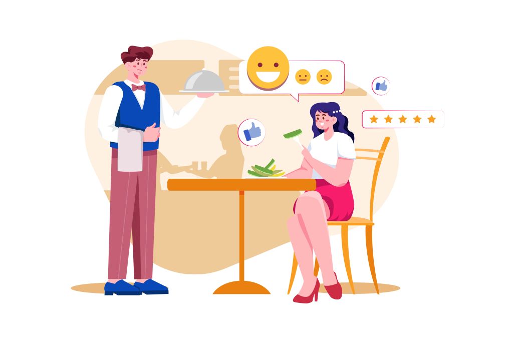 An illustration showing the successful outcome of hospitality training, with a smiling waiter providing service to a customer. The customer is depicted giving a five-star rating, a thumbs-up, and a happy face emoji, symbolizing a highly positive experience that fosters customer loyalty.