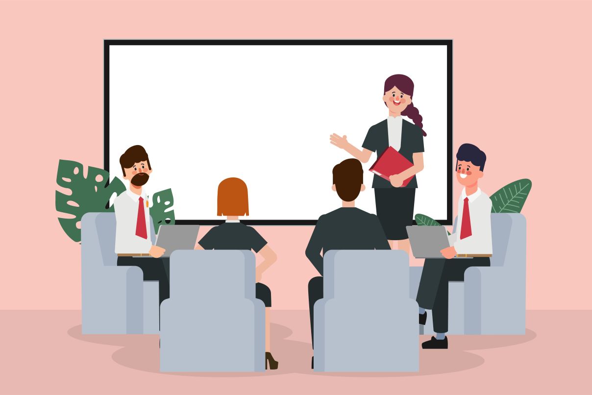 An illustration of an HR manager or leader presenting to a team of employees in a training session