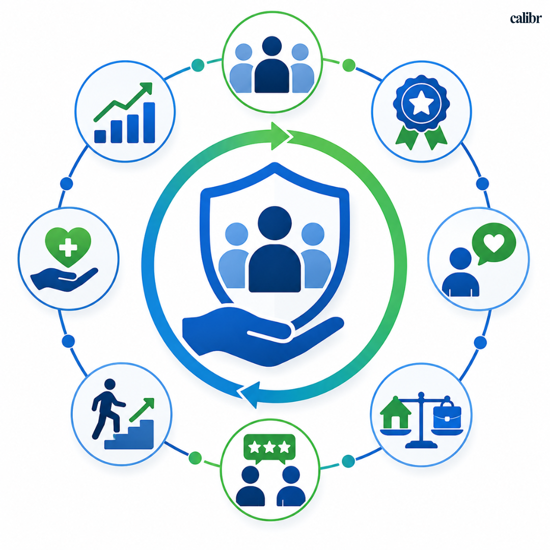 Flat vector illustration representing the Employee Retention Rate HR metric, featuring employees protected by a shield and supportive hand at the center, surrounded by icons for employee engagement, career growth, recognition, workplace well-being, work-life balance, feedback, workforce stability, and performance analytics connected in a circular workflow to illustrate long-term employee retention and talent management.