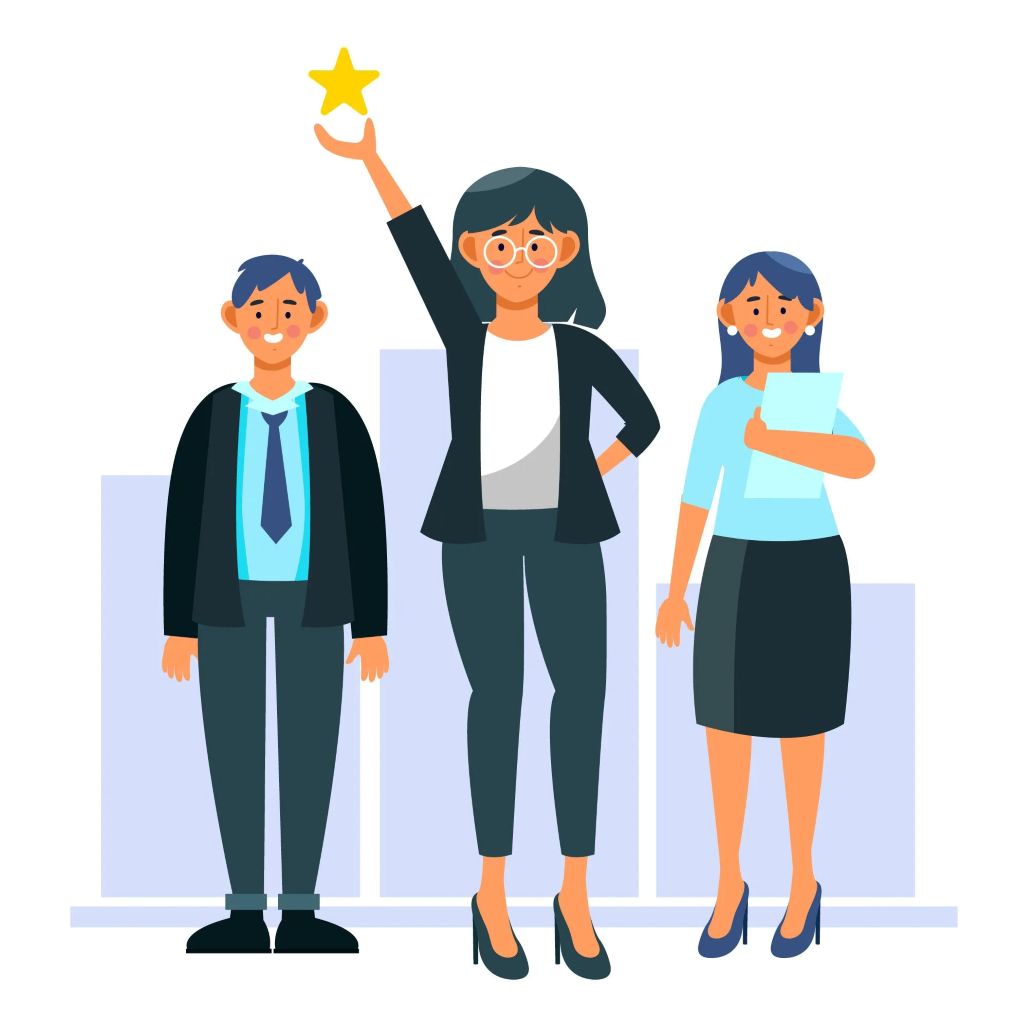  Three business people lift a star together, representing collaboration and the importance of engaged employees in the workplace.
