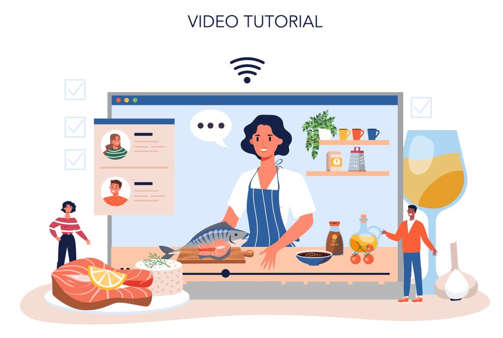An illustration of a digital restaurant training program, with a video tutorial on a large screen showing a chef holding a serving dish. Two employees are shown interacting with the system, highlighting the concept of staff attending a training session via a Learning Management System (LMS).