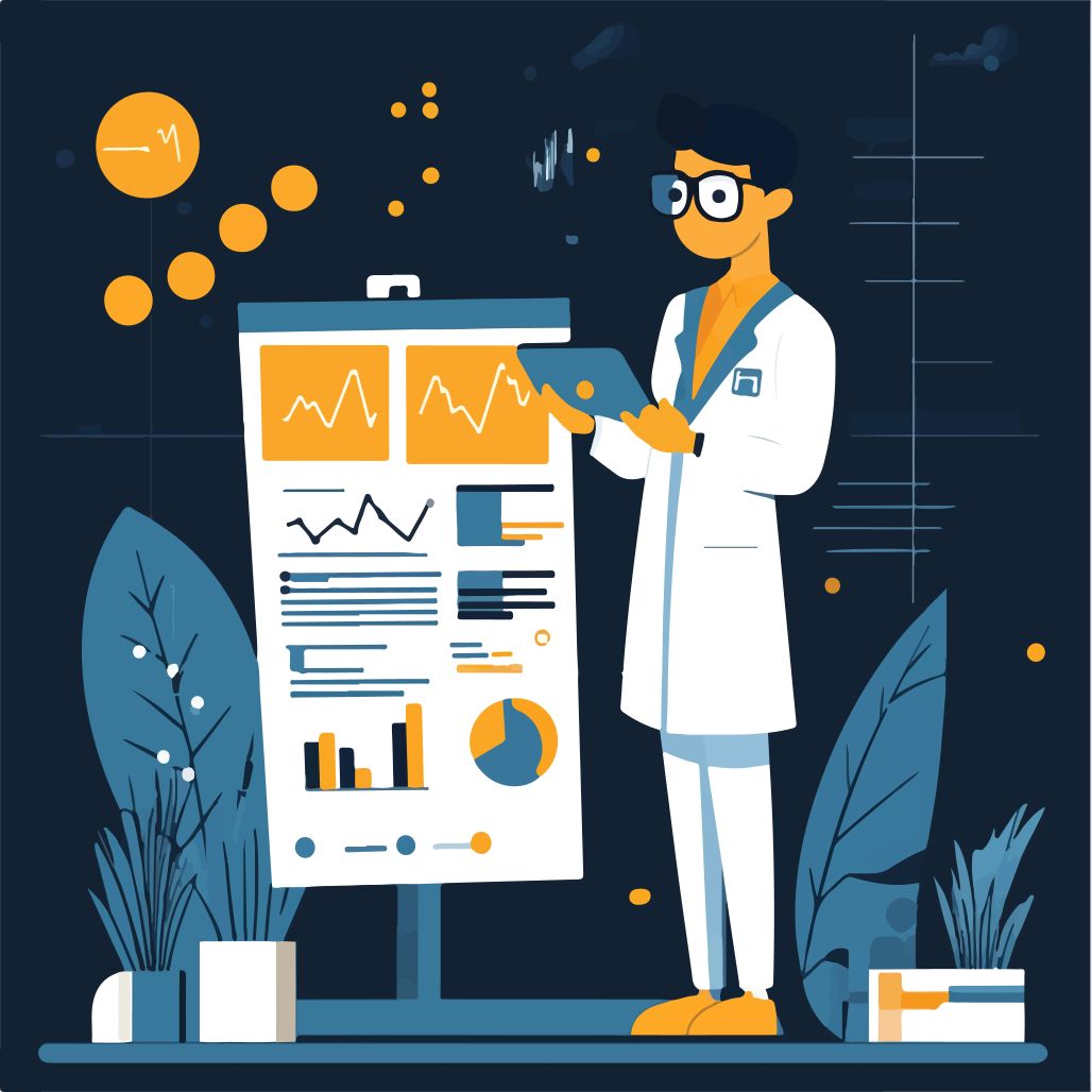  An illustration of a male healthcare professional in a white lab coat and glasses, using a tablet to analyze various medical data and analytics displayed on a whiteboard. The charts include a heartbeat graph, bar charts, and a pie chart, with a plant in a pot to the left and a yellow background.