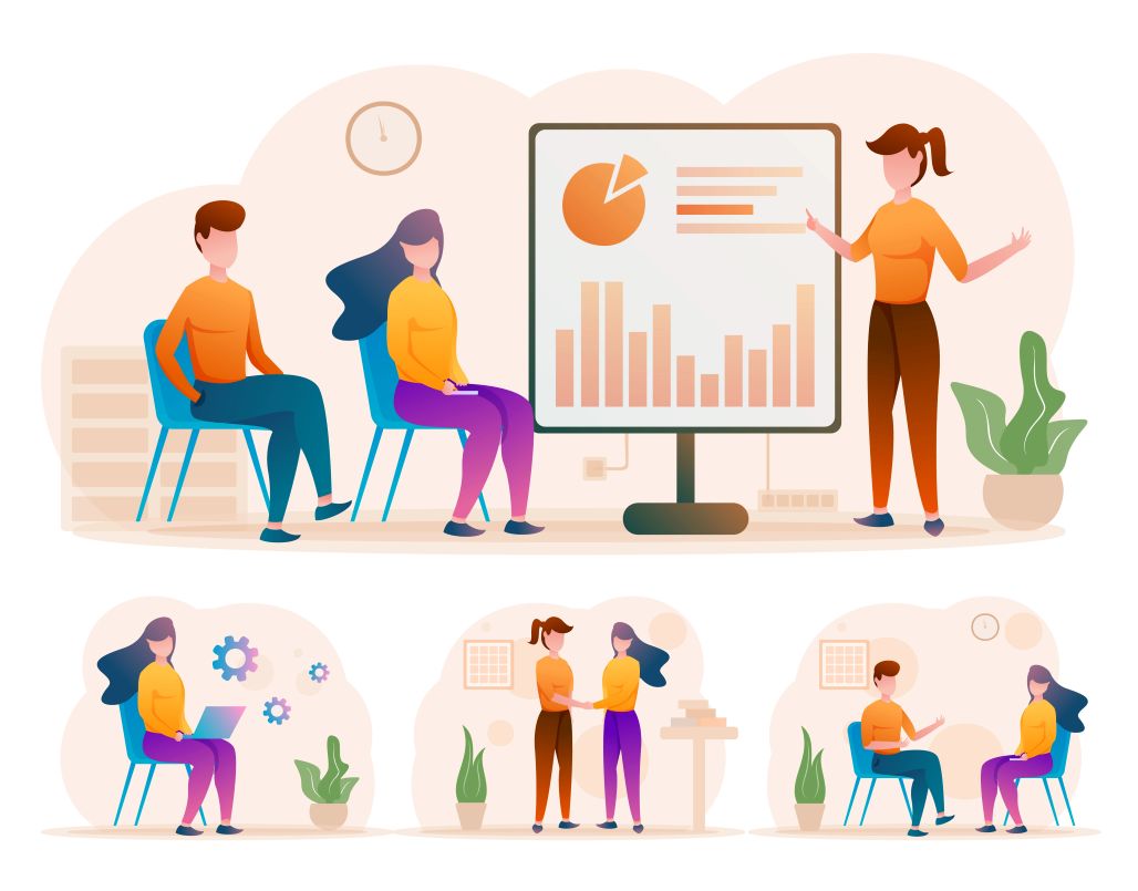 An illustration showcasing a group of employees attending different type of corporate training program