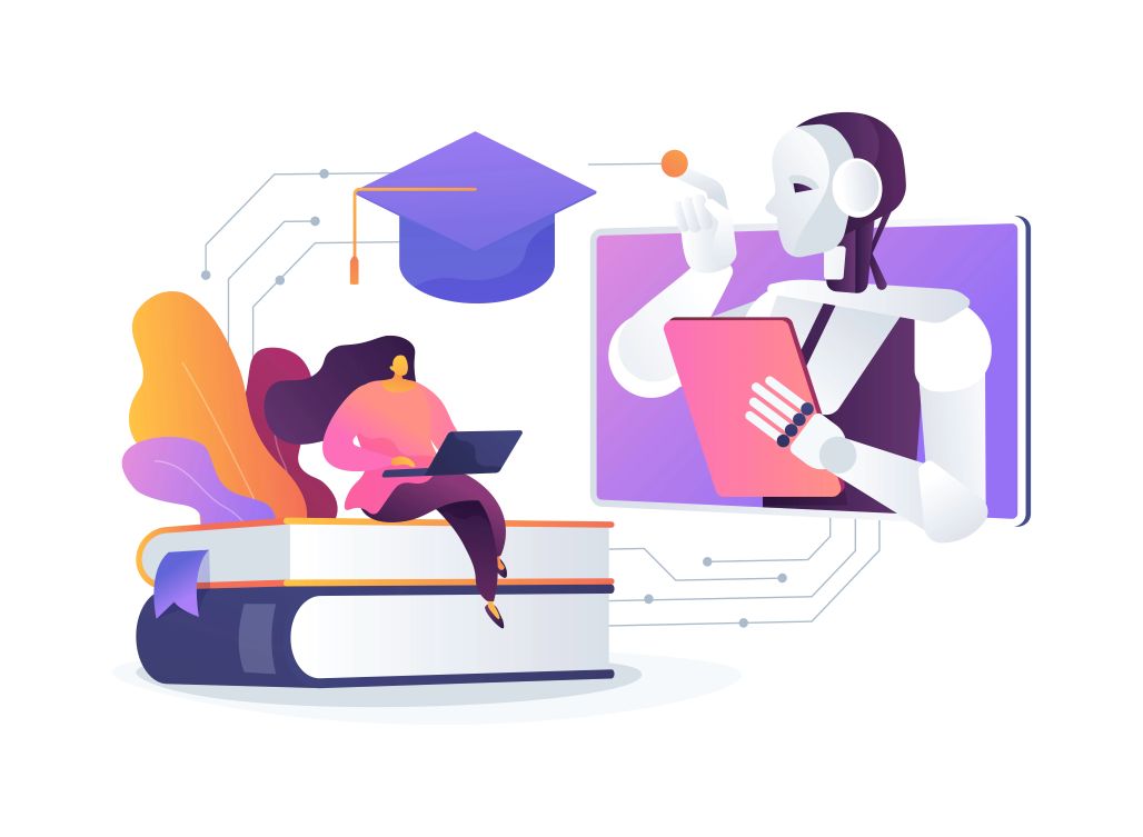 A robot sits on a book while a woman relaxes in a chair, symbolizing the theme of AI learning.