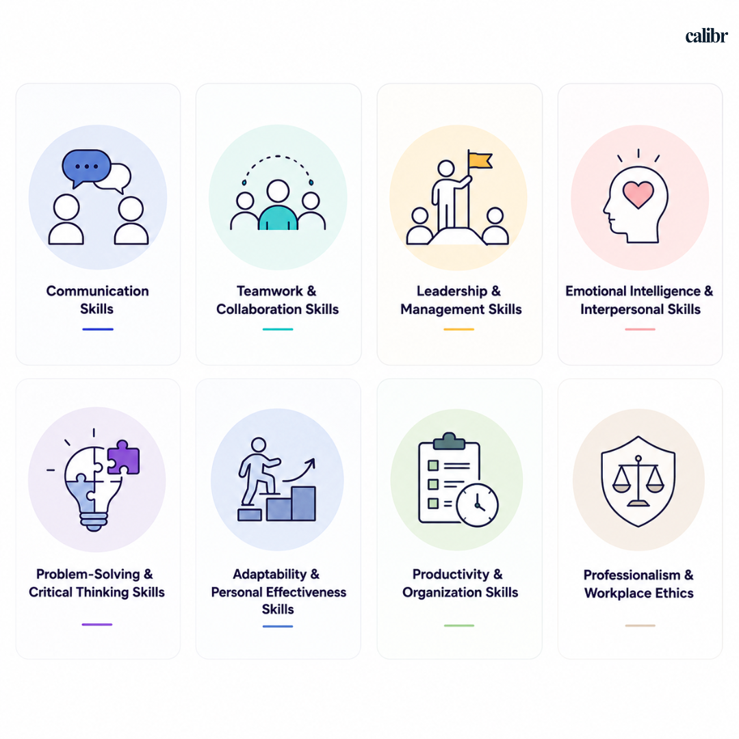 Minimal infographic featuring eight essential soft skill categories with modern icons in a clean grid layout for workplace learning.