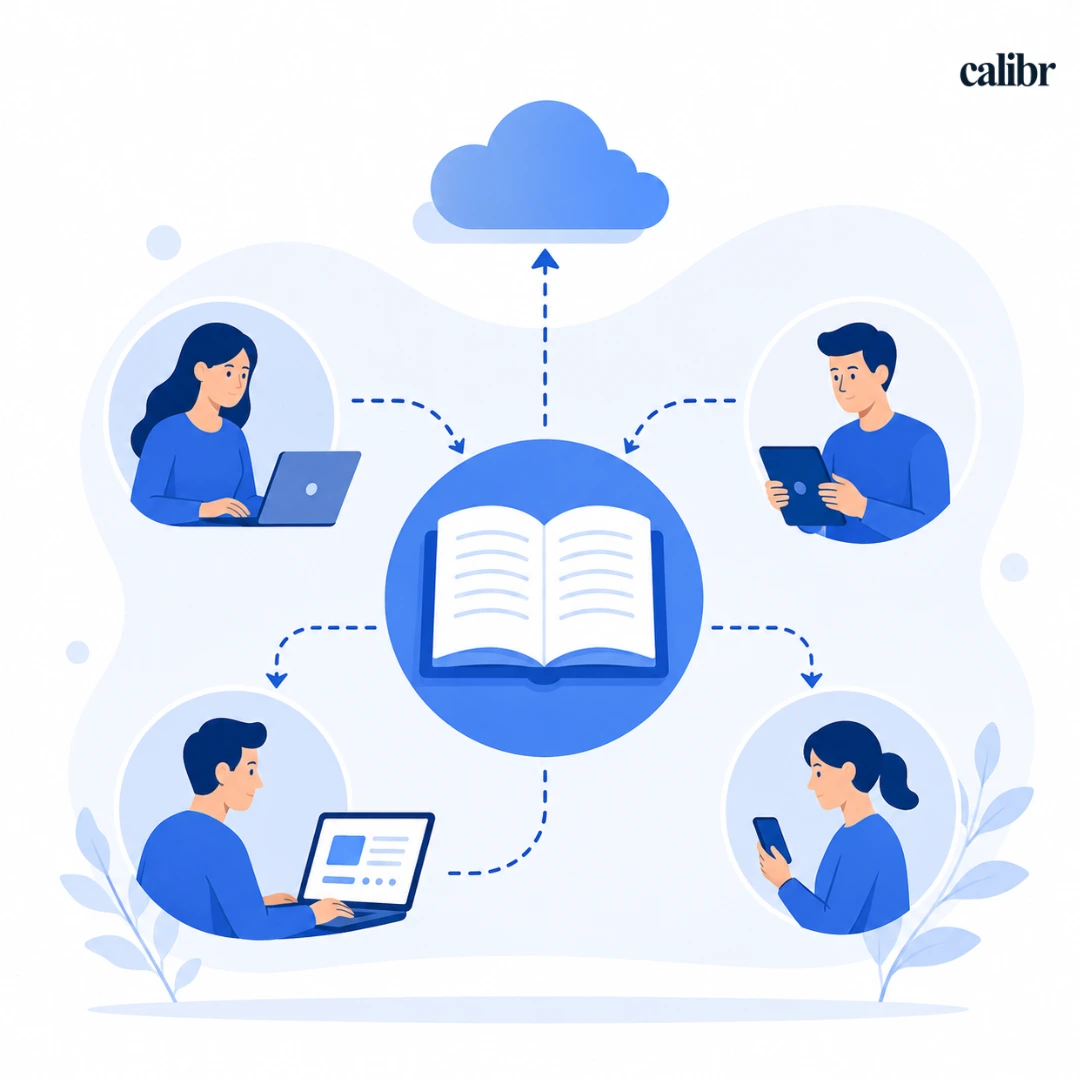 Illustration of employees sharing knowledge through digital collaboration, with connected team members accessing and exchanging information from a centralized knowledge source.