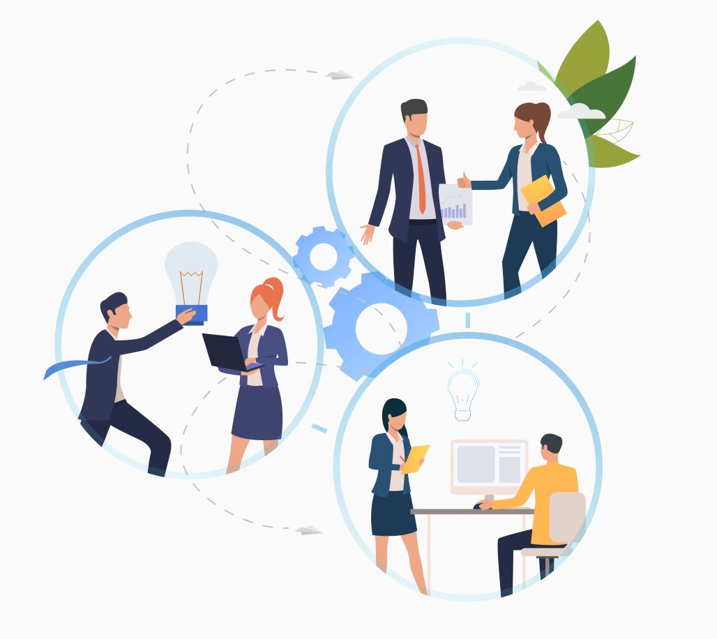 Business professionals collaborating in a circle, demonstrating engagement and teamwork in a productive environment.