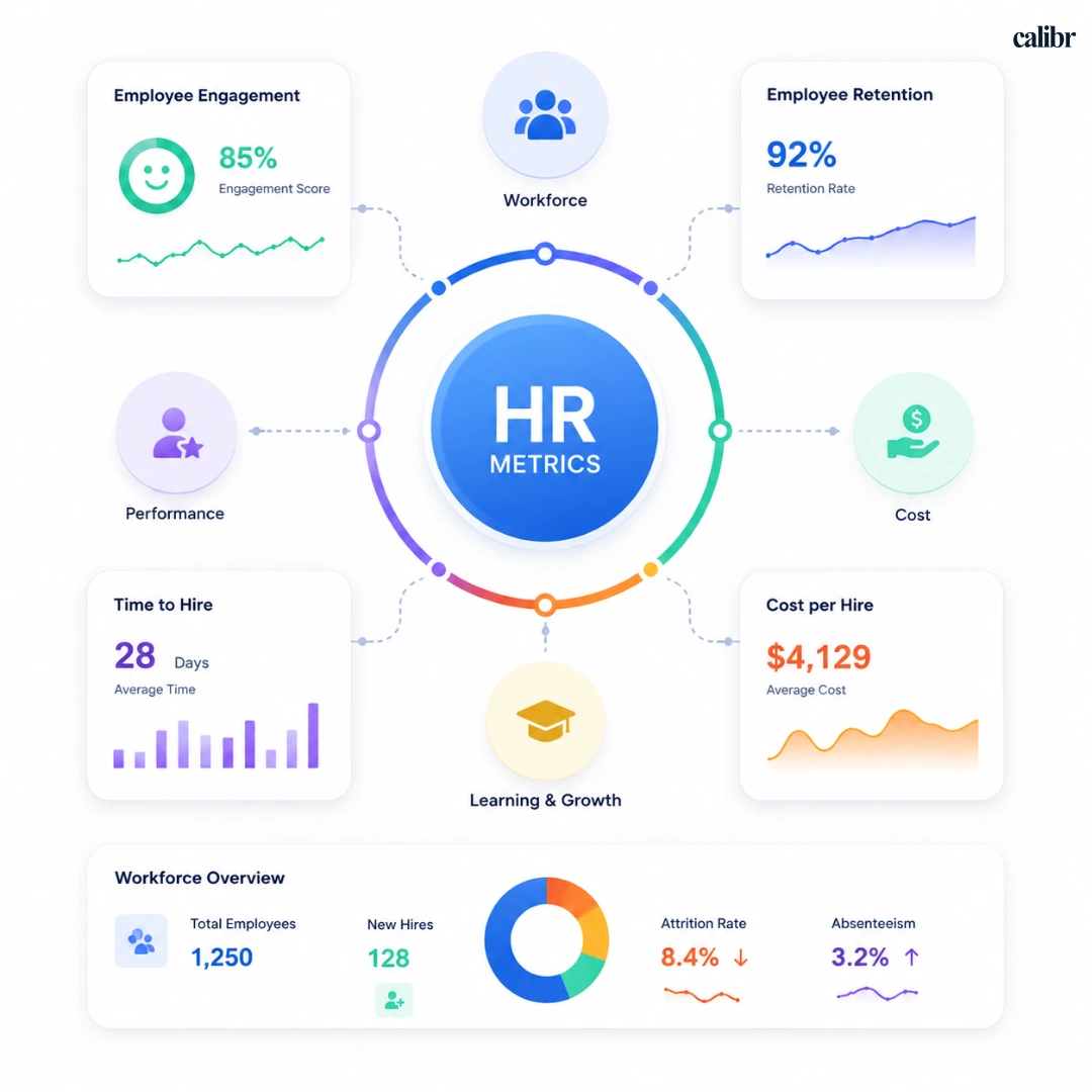 Modern HR metrics dashboard illustration showing workforce analytics, employee engagement, retention, recruitment, productivity, and performance metrics with charts and KPI visuals on a white background.