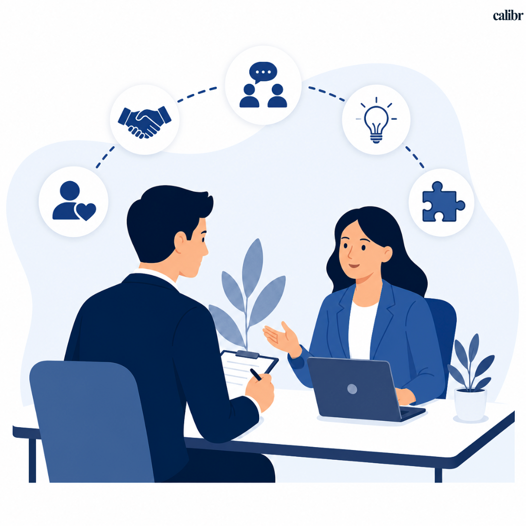 Minimal vector illustration of a job interview highlighting communication, teamwork, problem-solving, leadership, and emotional intelligence.