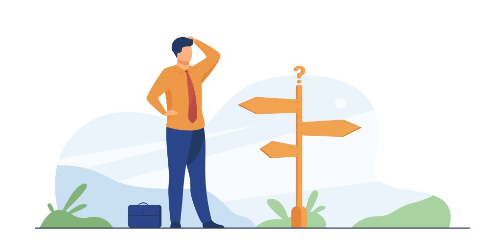 An illustration showing a person confused on which way to go symbolizing whether to choose a LMS or LXP Platform