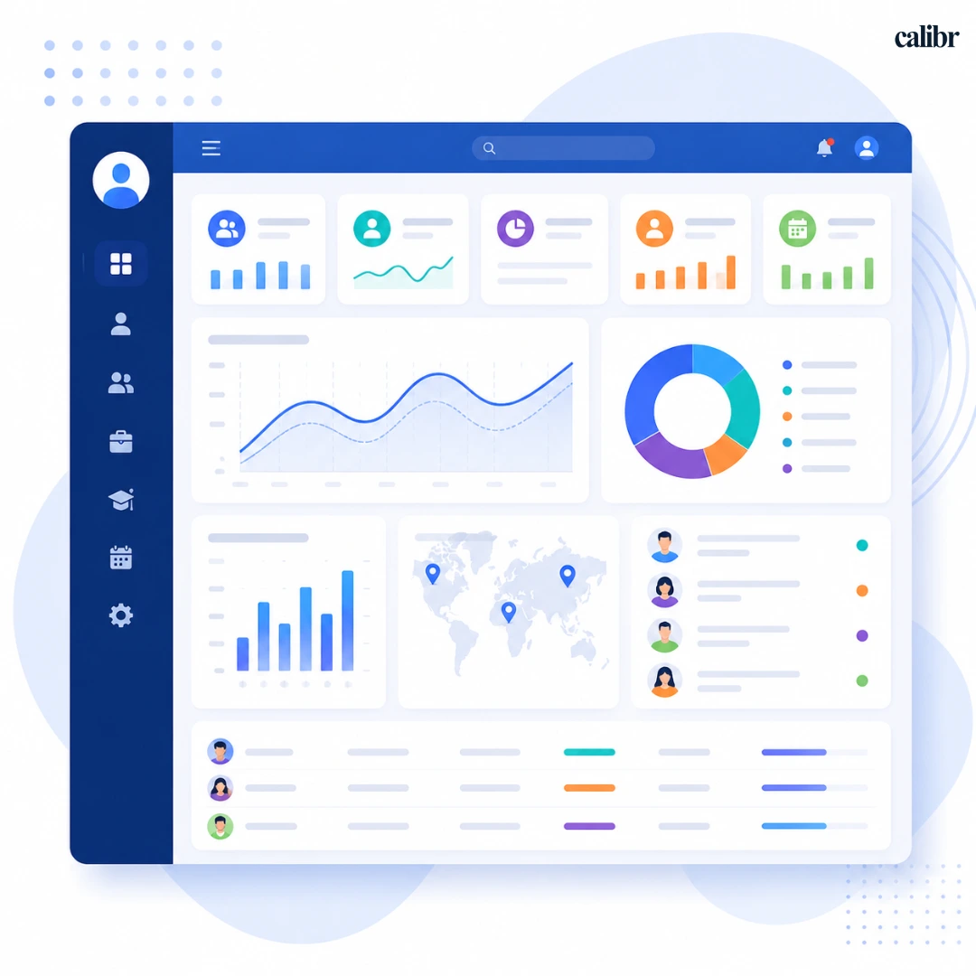 Modern HR dashboard illustration featuring workforce analytics, employee metrics, performance charts, recruitment insights, and workforce reporting visualizations.