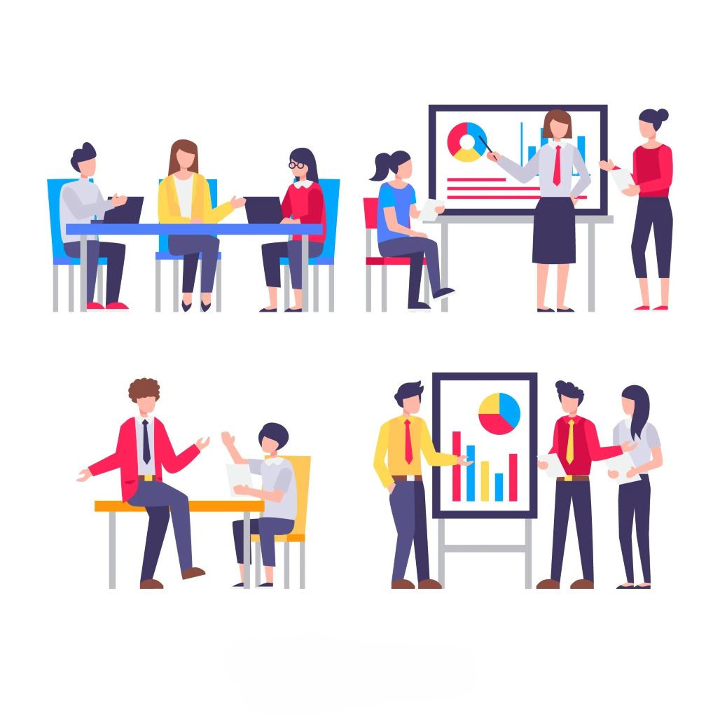  Flat vector illustration of business people engaged in a meeting, discussing various components of employee engagement.