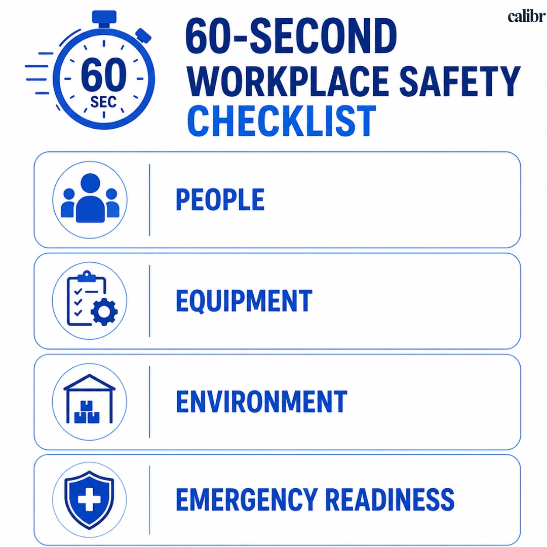 60-Second Workplace Safety Checklist infographic showing People, Equipment, Environment, and Emergency Readiness categories for a quick workplace safety self-check.