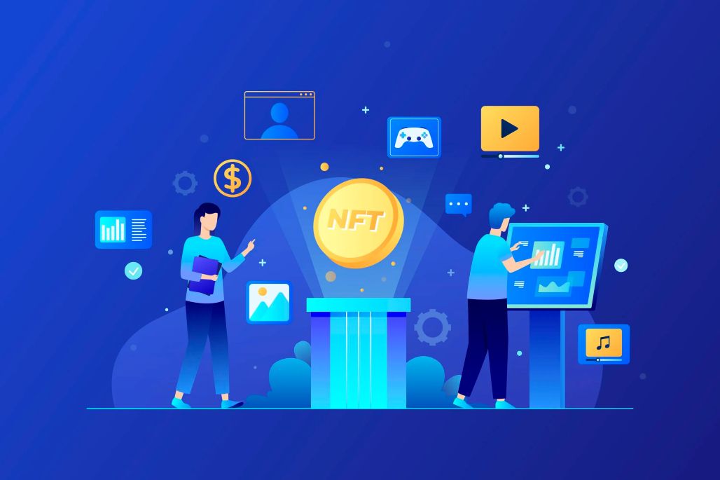 An illustration of two people interacting with a central glowing NFT coin and various digital icons for video games, art, and music. The image represents the concept of Fintech technology and new financial innovations.
