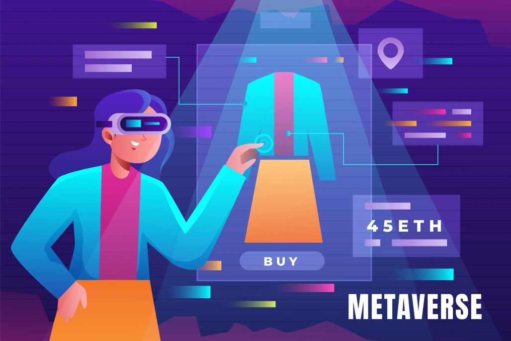 Woman shopping for digital clothes in the Metaverse using a VR headset