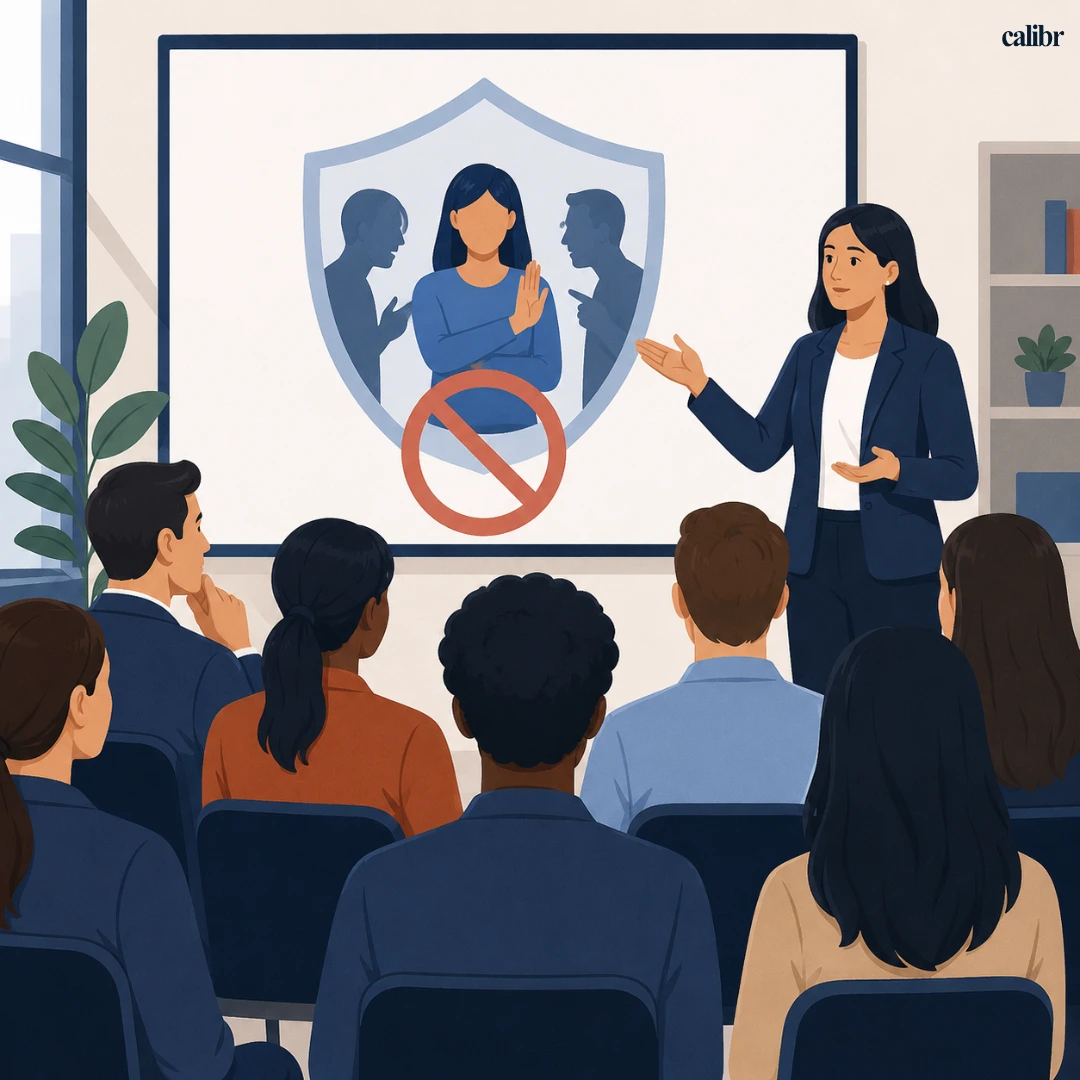 Illustration of a workplace sexual harassment prevention training session with employees attending a professional instructor-led presentation in a modern office setting.