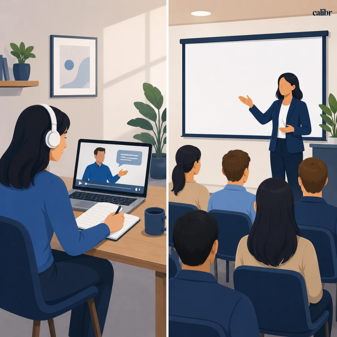 Split illustration showing an employee completing online workplace training on a laptop alongside an instructor delivering an in-person training session to employees in a classroom.