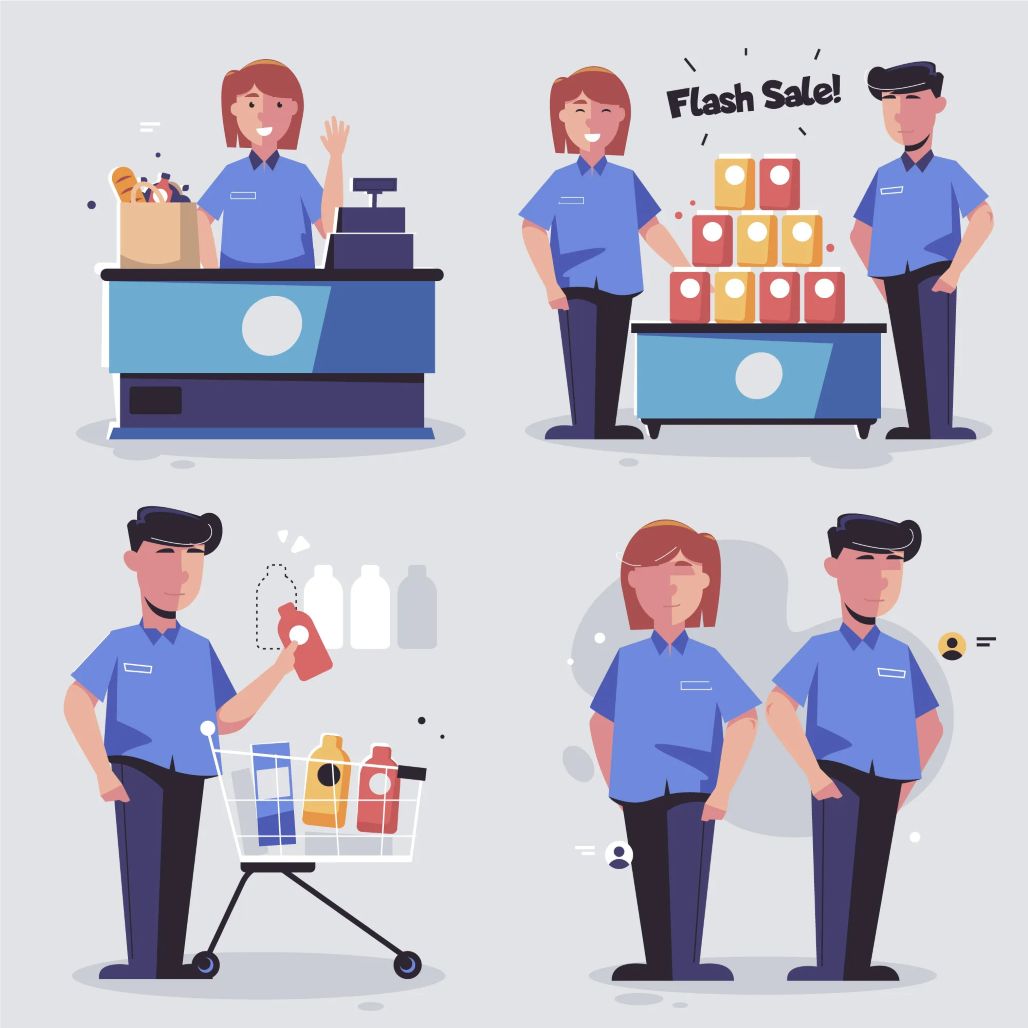 A collage showing retail sales associates performing various duties: checkout, stocking, sales promotion, and customer service.
