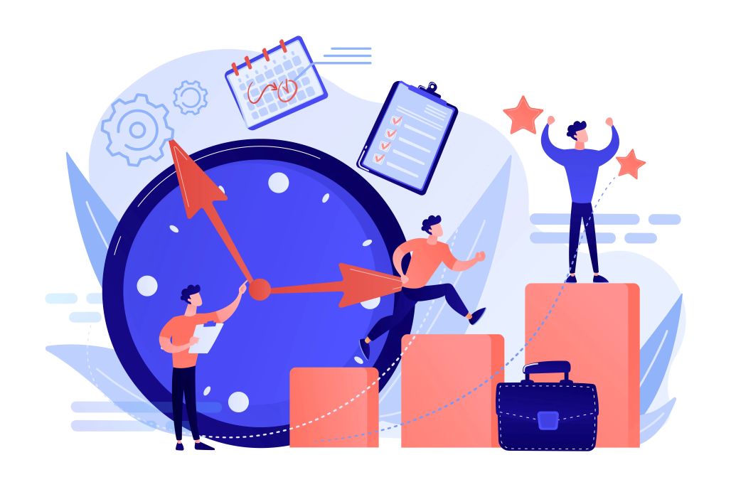 Graphic showing a clock and people achieving goals on rising steps, symbolizing efficient microlearning and fast progress.