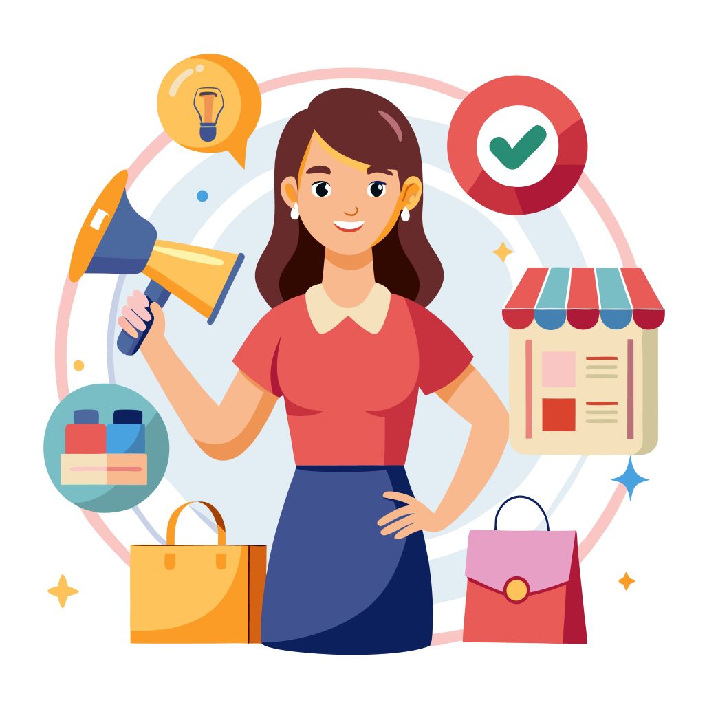 Graphic symbolizing a well-rounded retail expert with skills in promotion, problem-solving, inventory, and sales success.