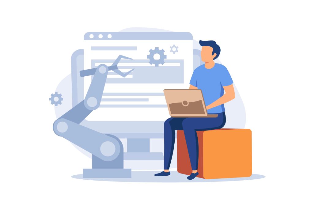 Illustration of an individual using a laptop, with industrial robotics graphics on the screen, representing the completion of  training via a Learning Management System (LMS).