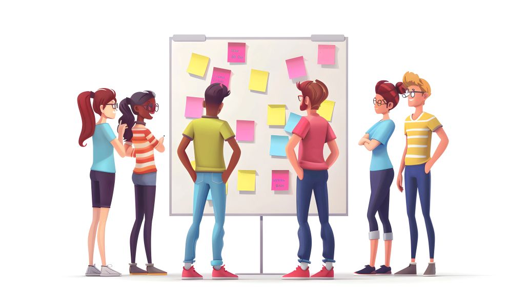 An illustration showing a group of people brainstorming around a whiteboard covered with colorful sticky notes, representing a creative problem-solving session.