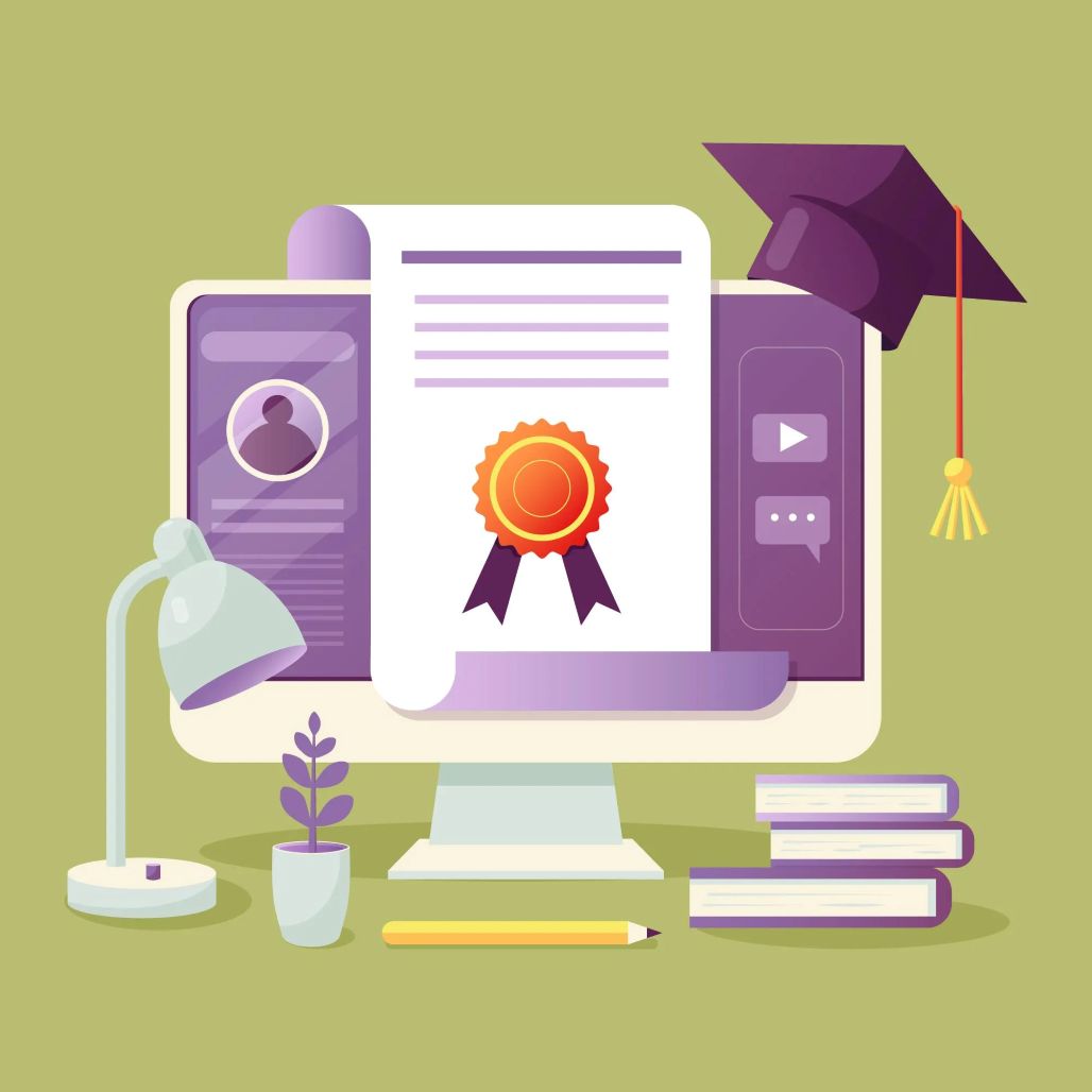 An illustration showcasing a comprehensive LMS with a computer displaying an 'Online Test,' surrounded by elements like a graduation cap, books, and a smartphone showing a digital certificate, representing the complete learning, assessment, and certification capabilities of a top-tier Learning Management System.