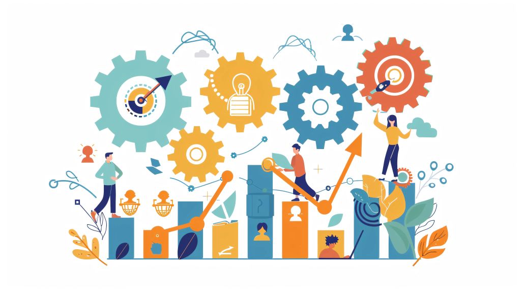 Business professionals collaborate on a graph featuring arrows and gears, focusing on corporate training implementation.