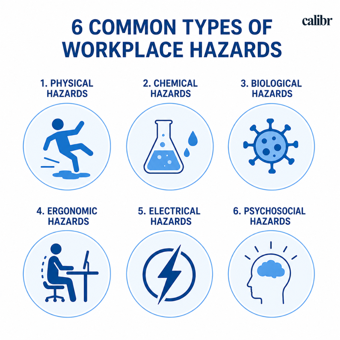 Six common workplace hazards infographic with physical, chemical, biological, ergonomic, electrical, and psychosocial hazard categories.