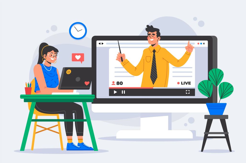 An illustration of an employee attending a onboarding session via lms