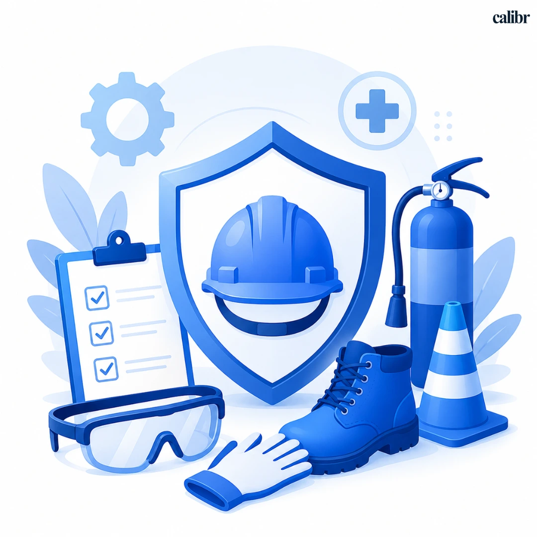 Workplace safety illustration featuring PPE, a safety checklist, hard hat, safety shield, protective eyewear, gloves, safety boots, fire extinguisher, and traffic cone.