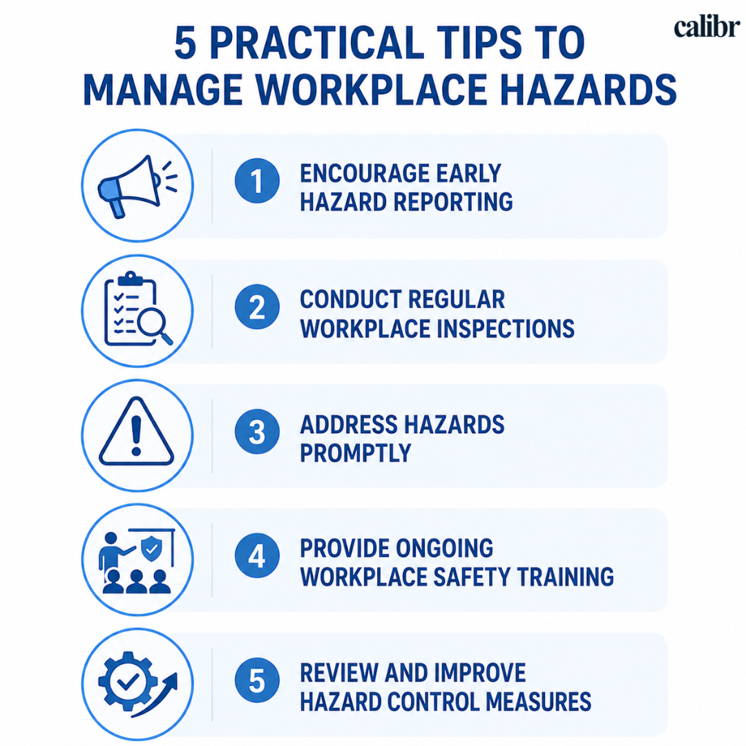 Workplace hazard management infographic outlining five practical tips to identify, report, control, and prevent workplace hazards.