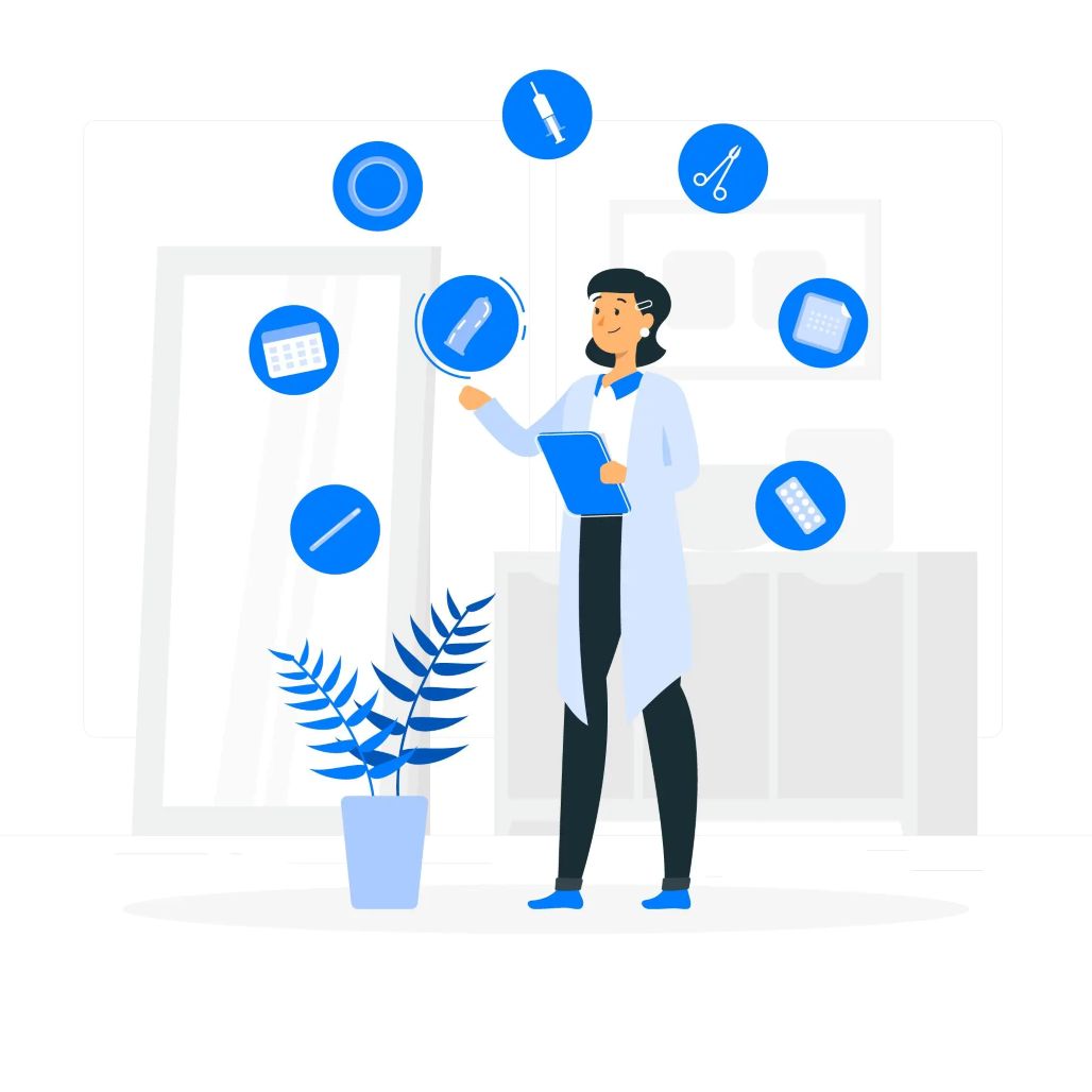  An illustration of a female healthcare professional juggling various medical icons, including a syringe, forceps, and a stethoscope, to represent diverse skills.