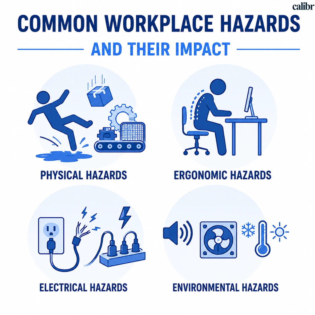 Common workplace hazards infographic showing physical, ergonomic, electrical, and environmental hazards and their impact on workplace safety.