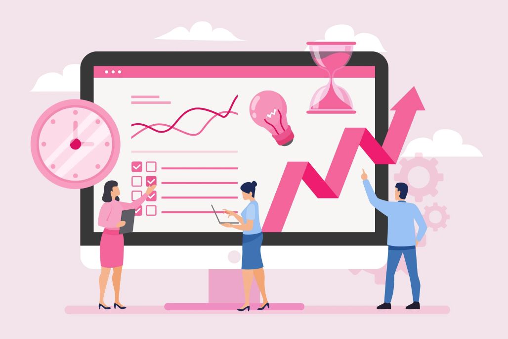 Team members collaborating on a computer with a pink bar chart illustrating training effectiveness metrics.