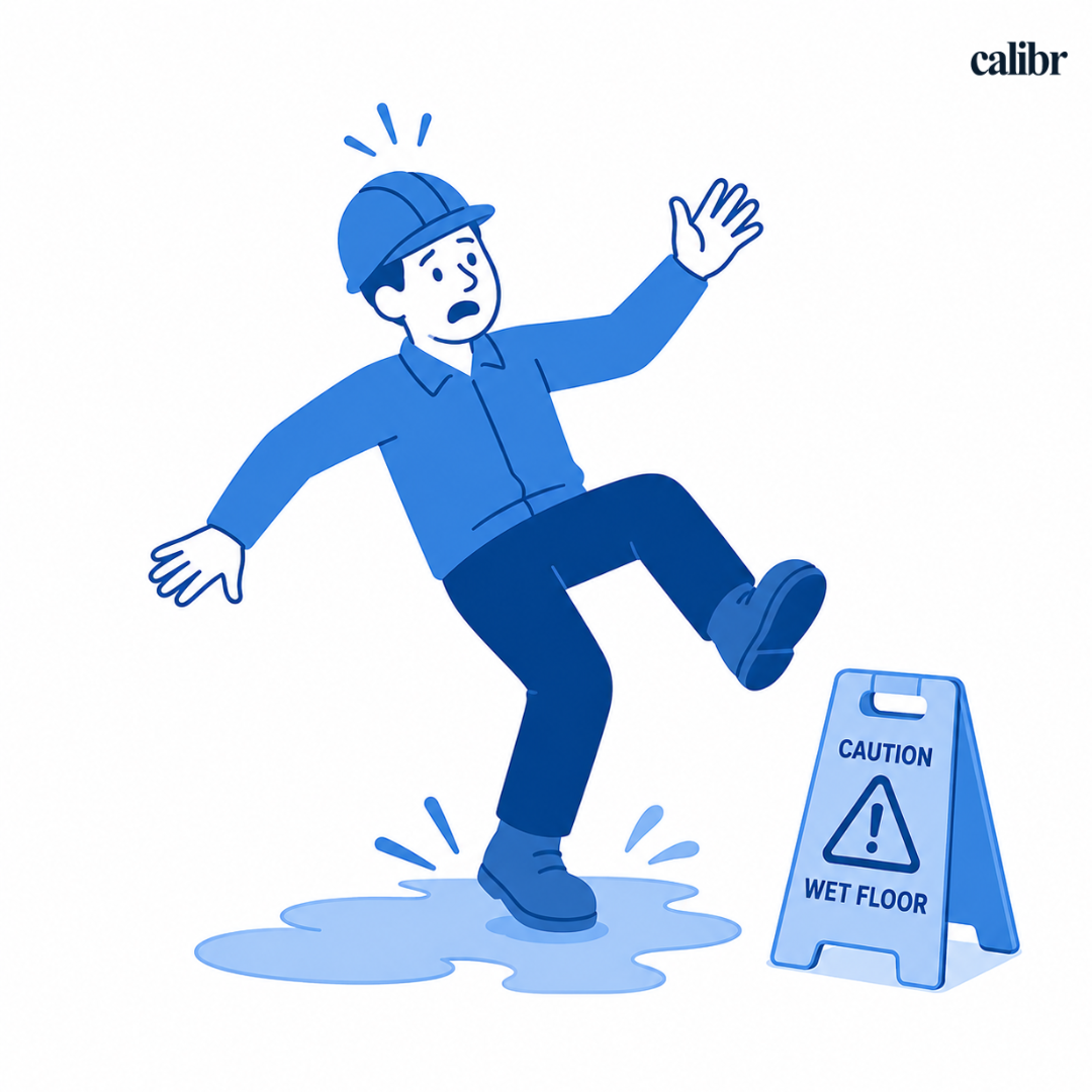 Workplace hazard illustration showing an employee slipping on a wet floor, highlighting a common workplace safety risk and accident hazard.
