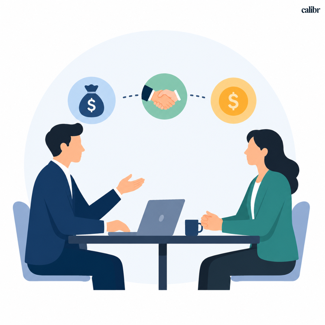 Minimal flat illustration of a job candidate and recruiter discussing salary negotiation across a table, with icons representing compensation, agreement, and financial benefits.