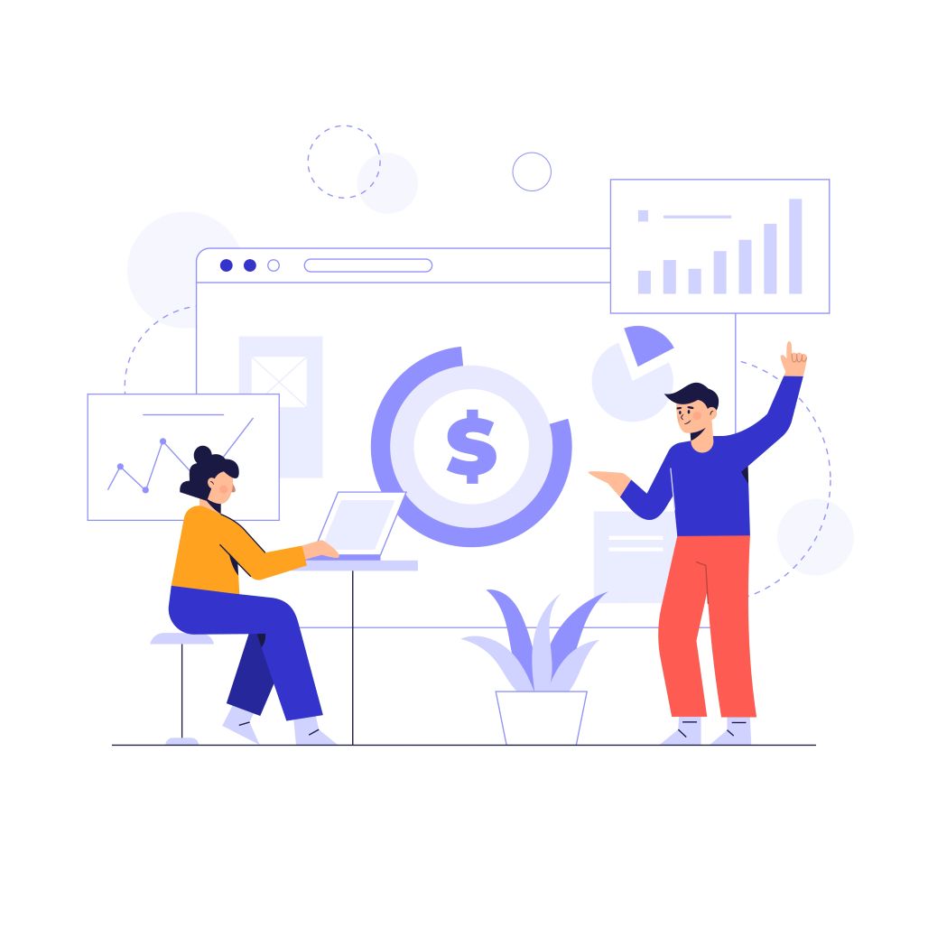 An illustration showing two people analyzing business charts and a dollar sign on a screen, with a rising bar graph in the background, representing the process of measuring the return on investment (ROI) for sales enablement.