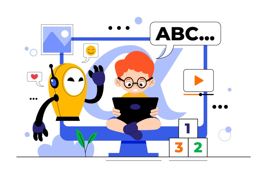 A humanoid robot teaching in a digital classroom, symbolizing the future of microlearning through AI-driven, interactive training.