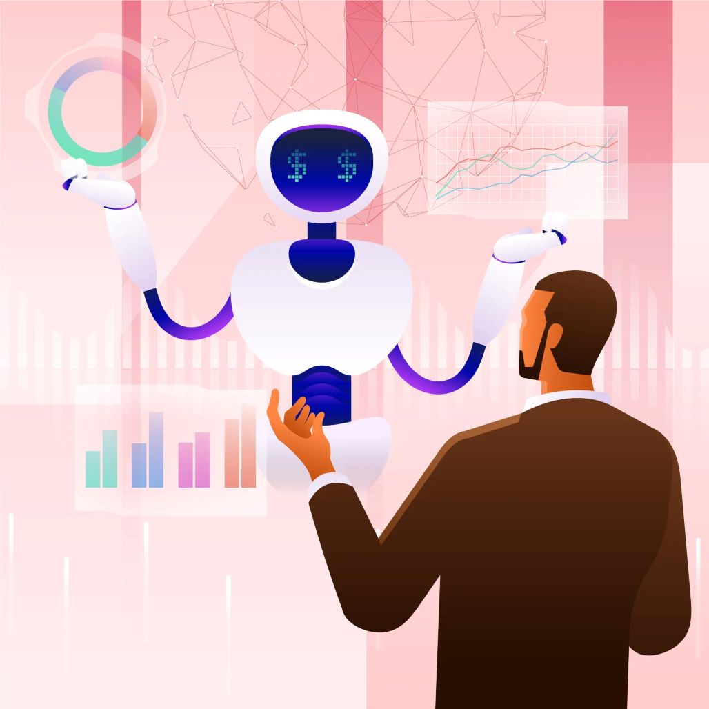 “AI-powered robot teaching a business leader, representing future of leadership development programs.