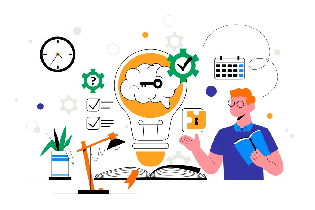  A man holds a book with a light bulb above, symbolizing engaged employees and continuous learning.