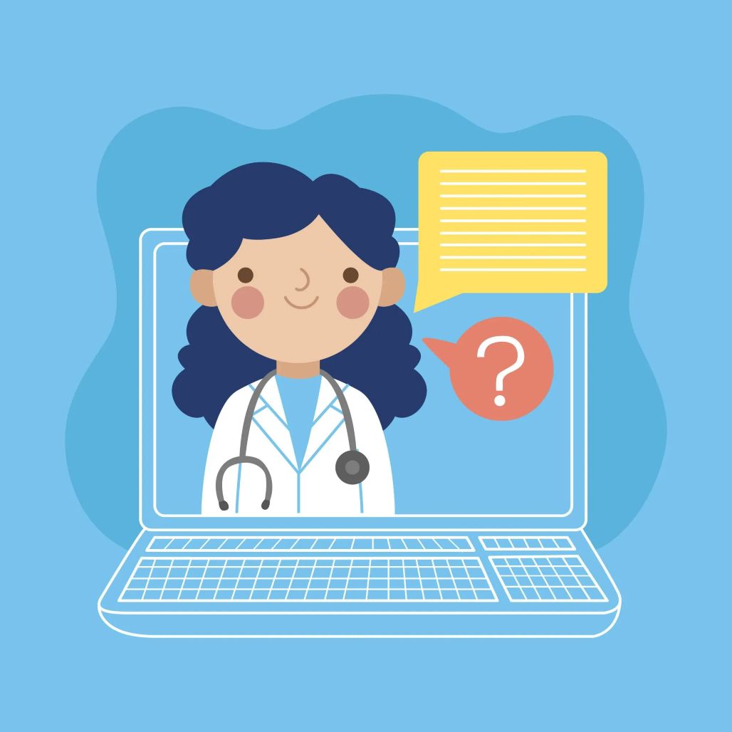 An illustration of a female doctor on a laptop screen, with a speech bubble containing a question mark, representing a healthcare quiz