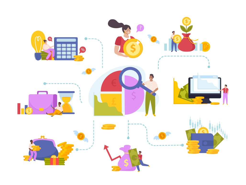 An illustration showing a central pie chart with various financial icons around it, including a calculator, a briefcase, a money tree, and a magnifying glass, which represents the concept of financial diversification and strategic wealth management.