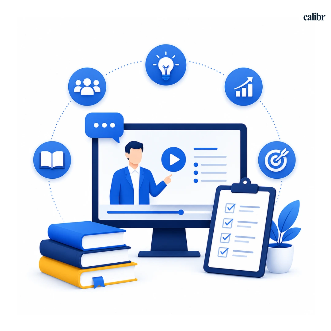Workplace learning and employee training illustration with virtual instructor, digital learning platform, books, checklist, and performance growth icons.