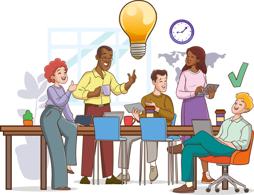 An illustration showing a group of people brainstorming around a whiteboard covered with colorful sticky notes, representing a creative problem-solving session.