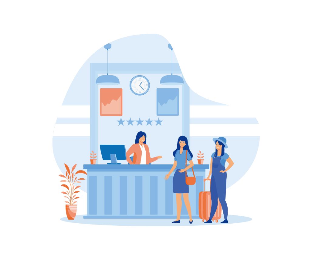 An illustration of a hotel front desk where a receptionist is warmly greeting two customers with luggage, depicting a positive guest service and customer service interaction in a hotel setting