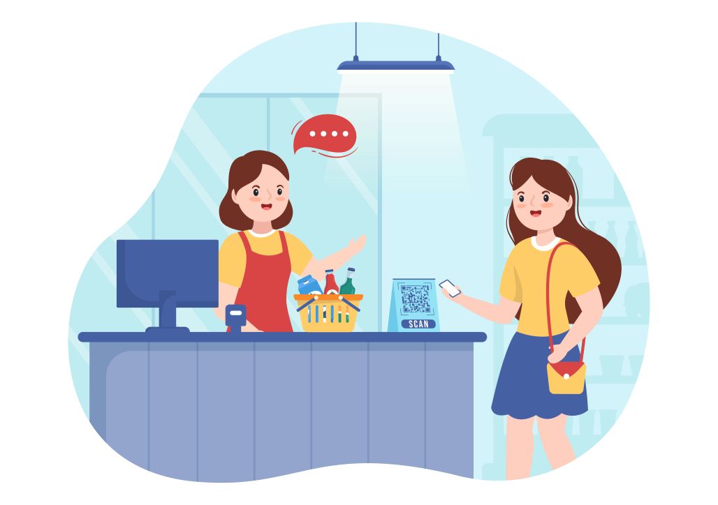 Retail employee assisting a customer who is making a payment via QR code scan illustrating customer service in retail sector